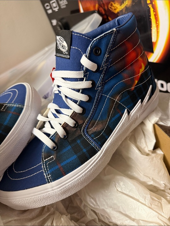 Vans Other - Vans Blue Plaid High-Top Sneakers with Flame Graphic